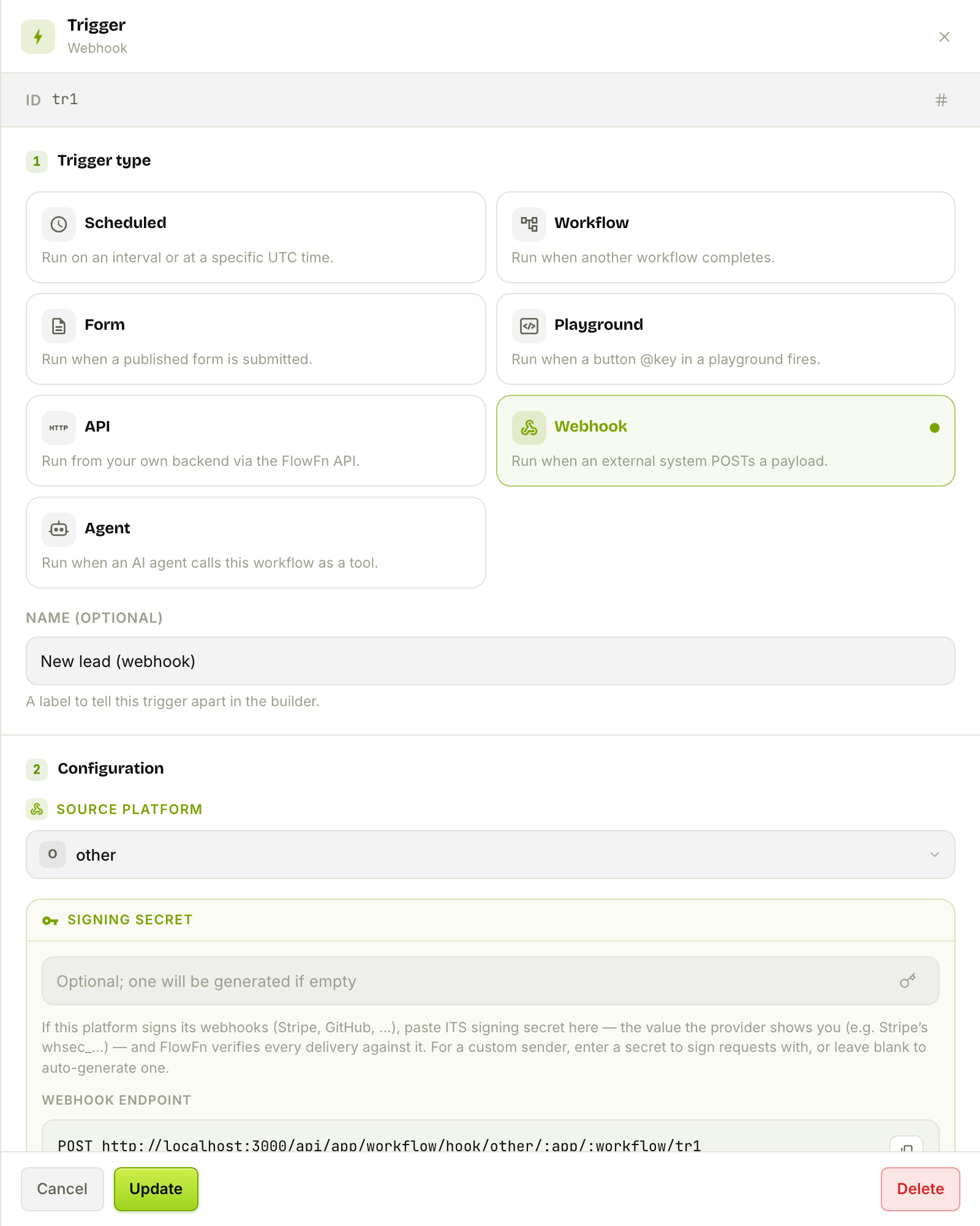 The trigger editor: seven trigger types and the webhook configuration