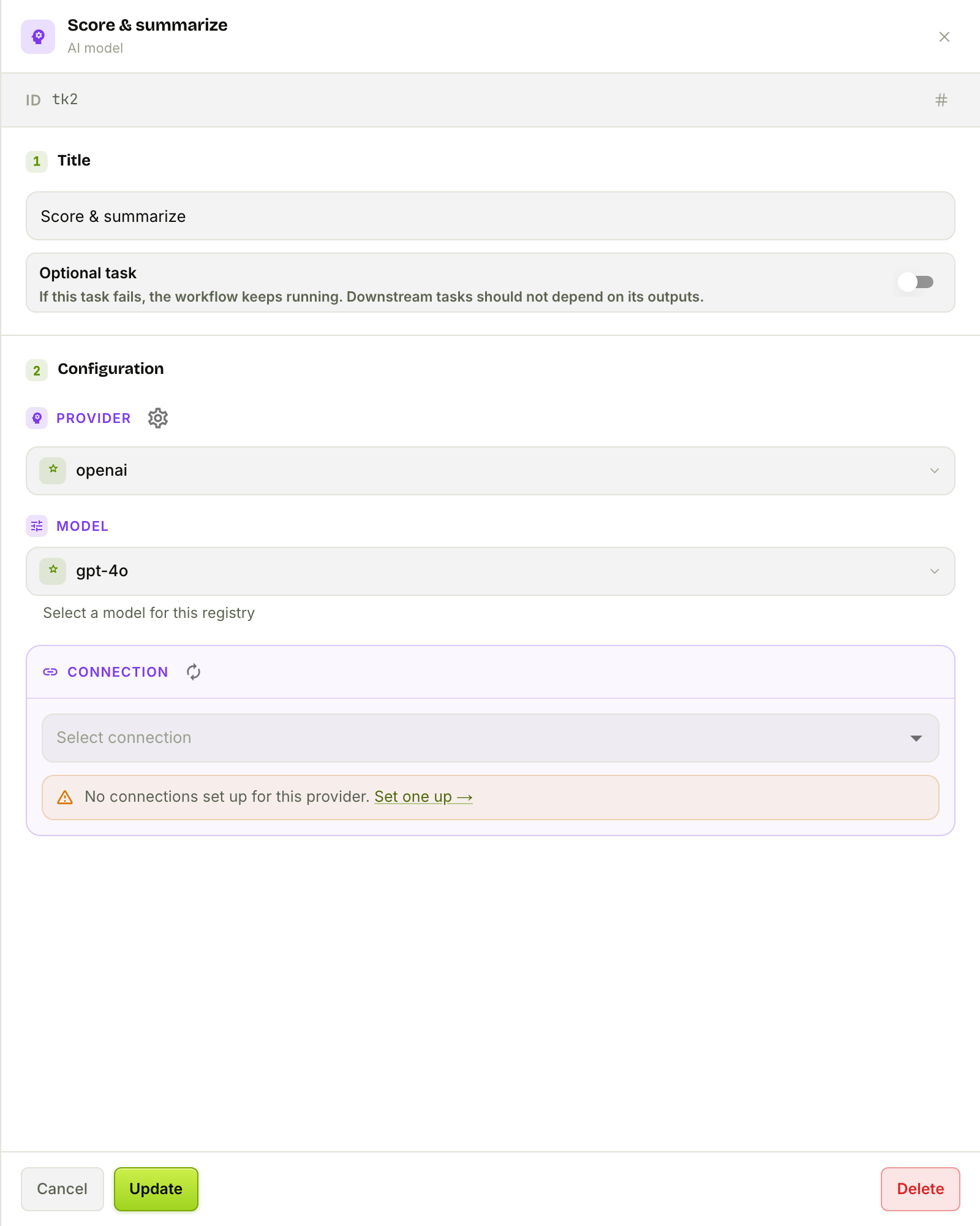 The AI Model node configured with provider and model