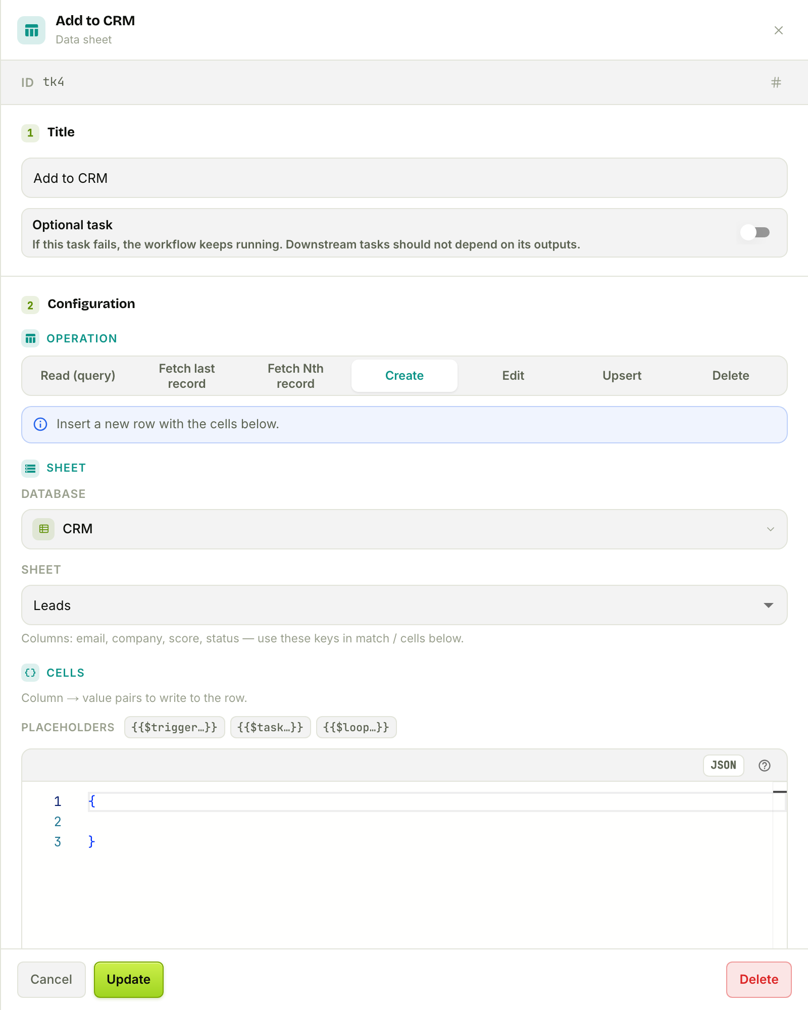 The Data Sheet node set to Create against the CRM → Leads sheet