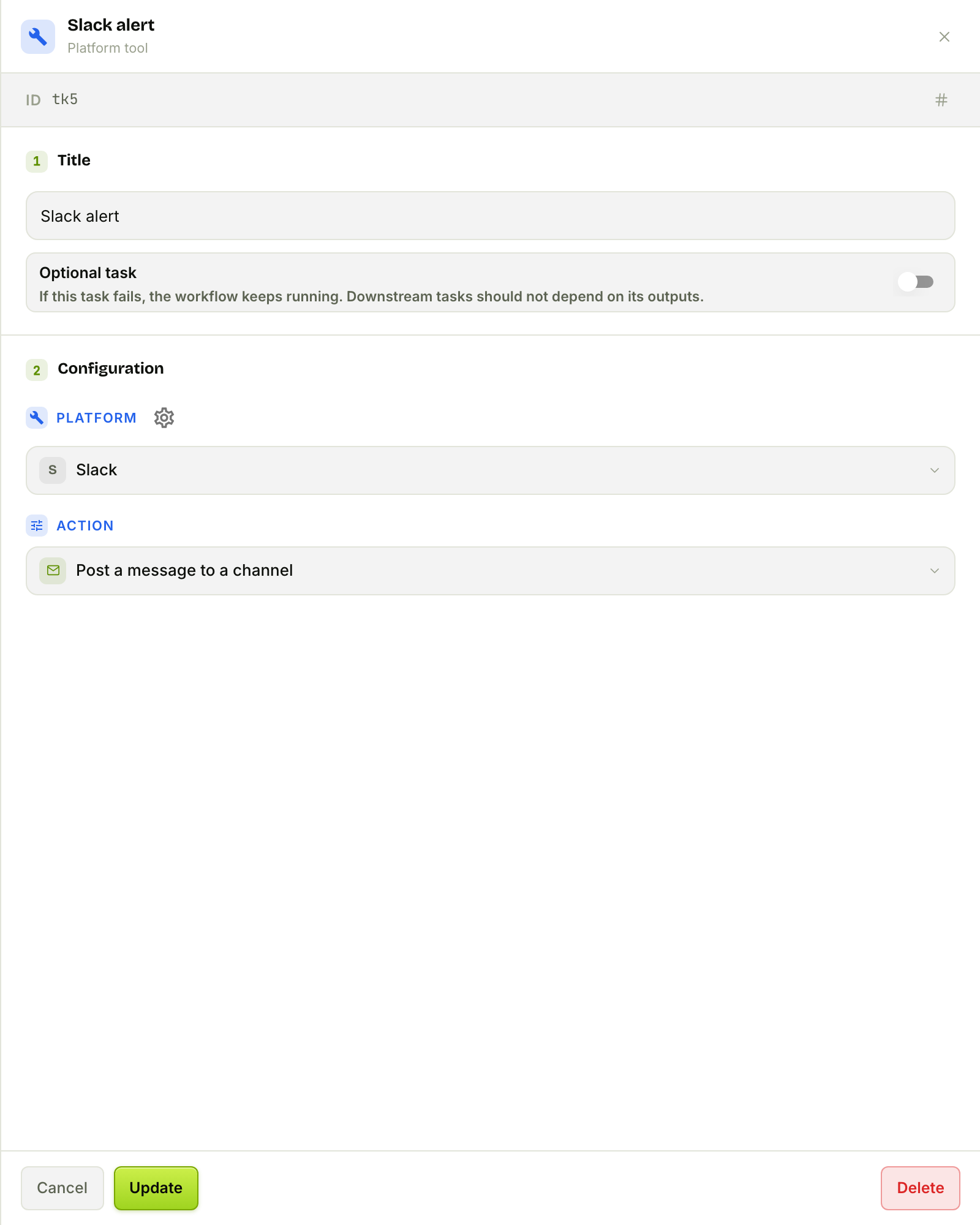 The Platform Tool node running Slack → Post a message to a channel