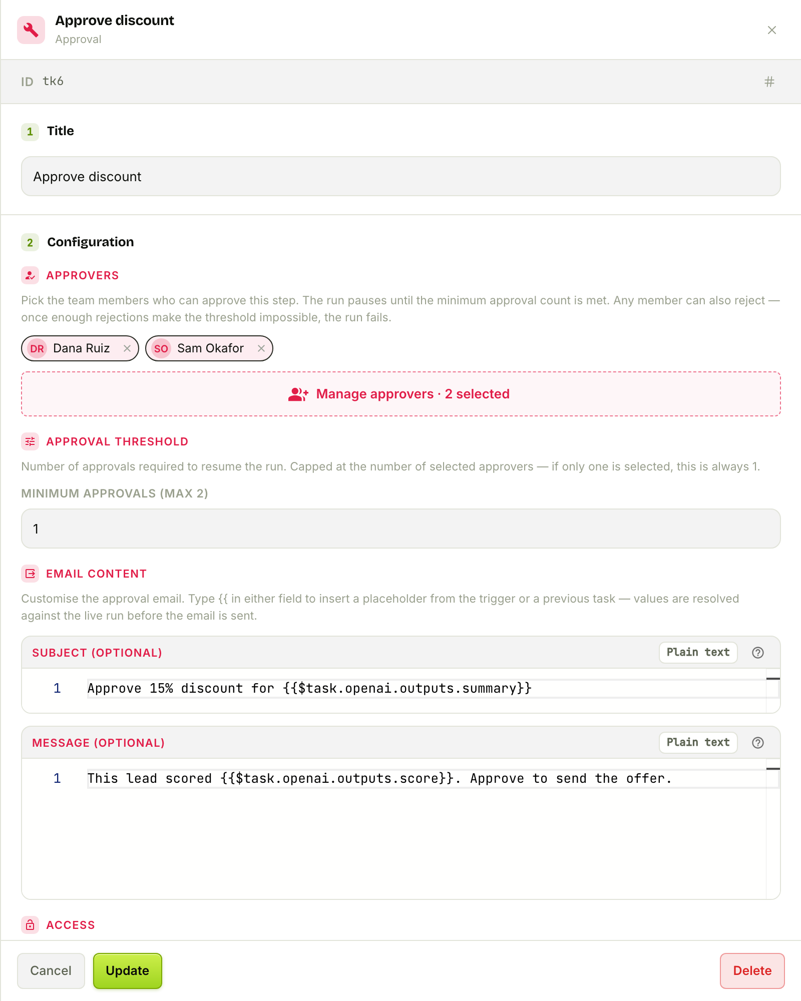 The Approval node with two approvers, a threshold, and a templated email
