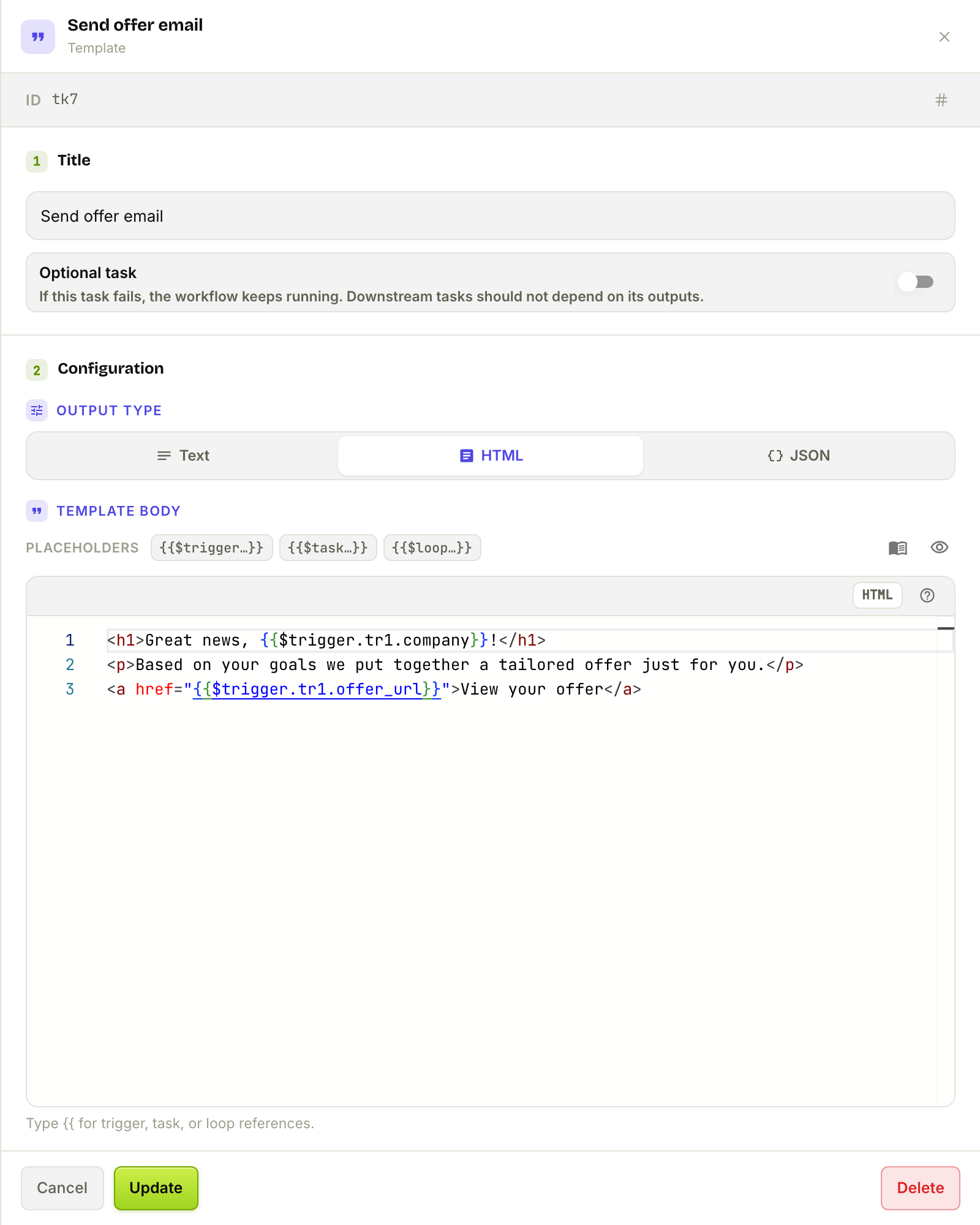 The Template node rendering an HTML offer email