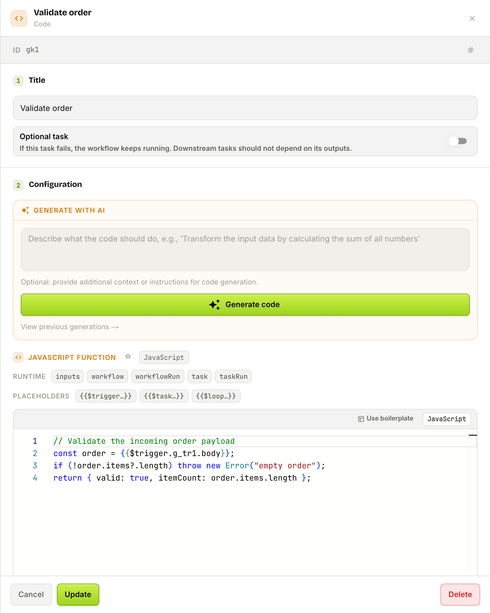The Code node with an AI-generate panel and a JS editor