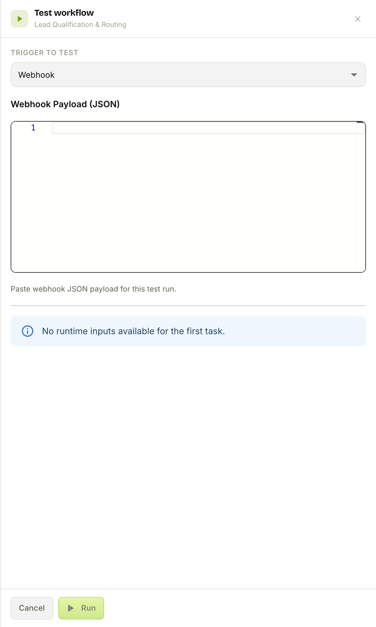 The Test Run drawer with a webhook payload editor